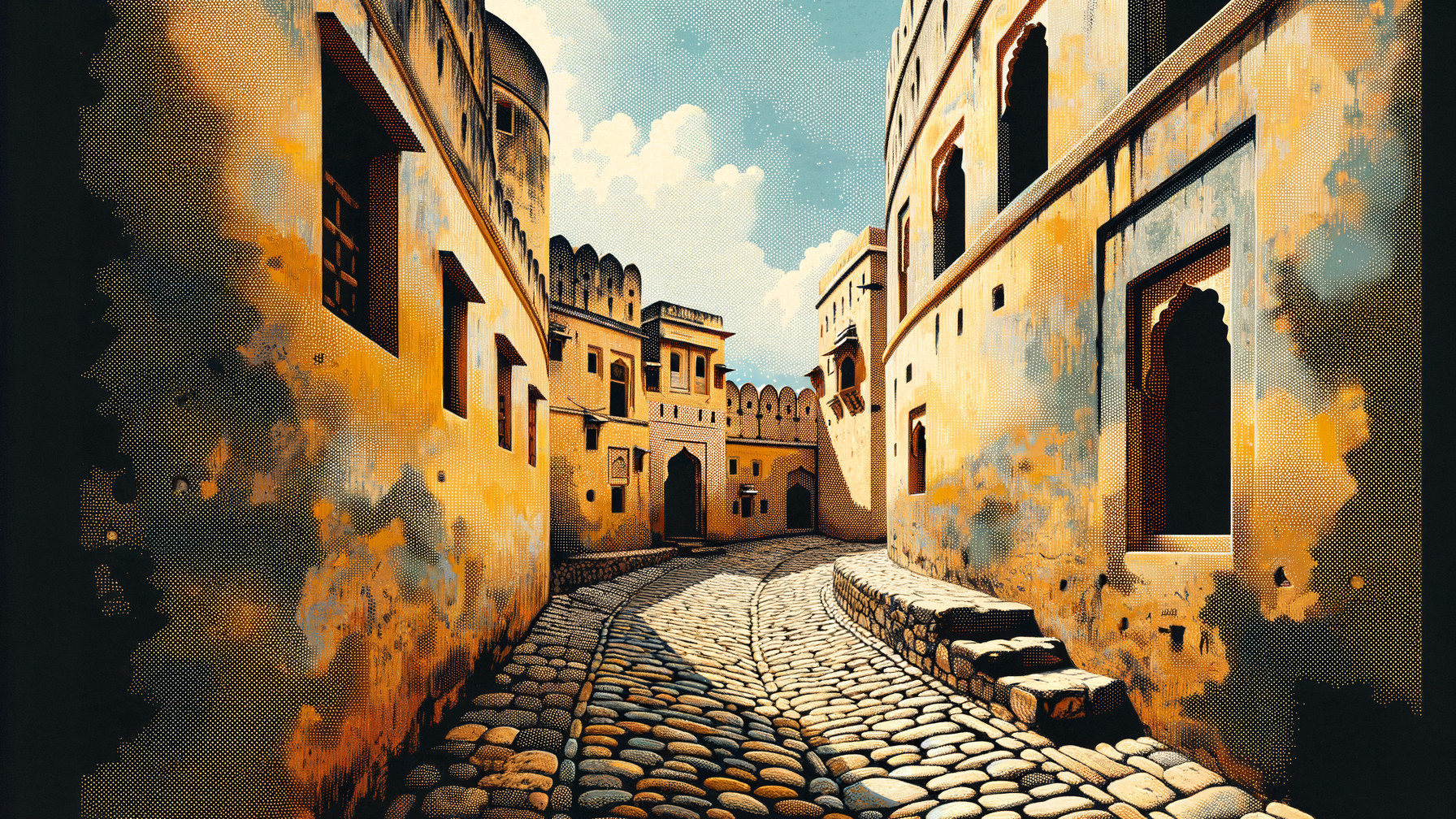 Narrow Cobblestone Street in Historic Town Setting