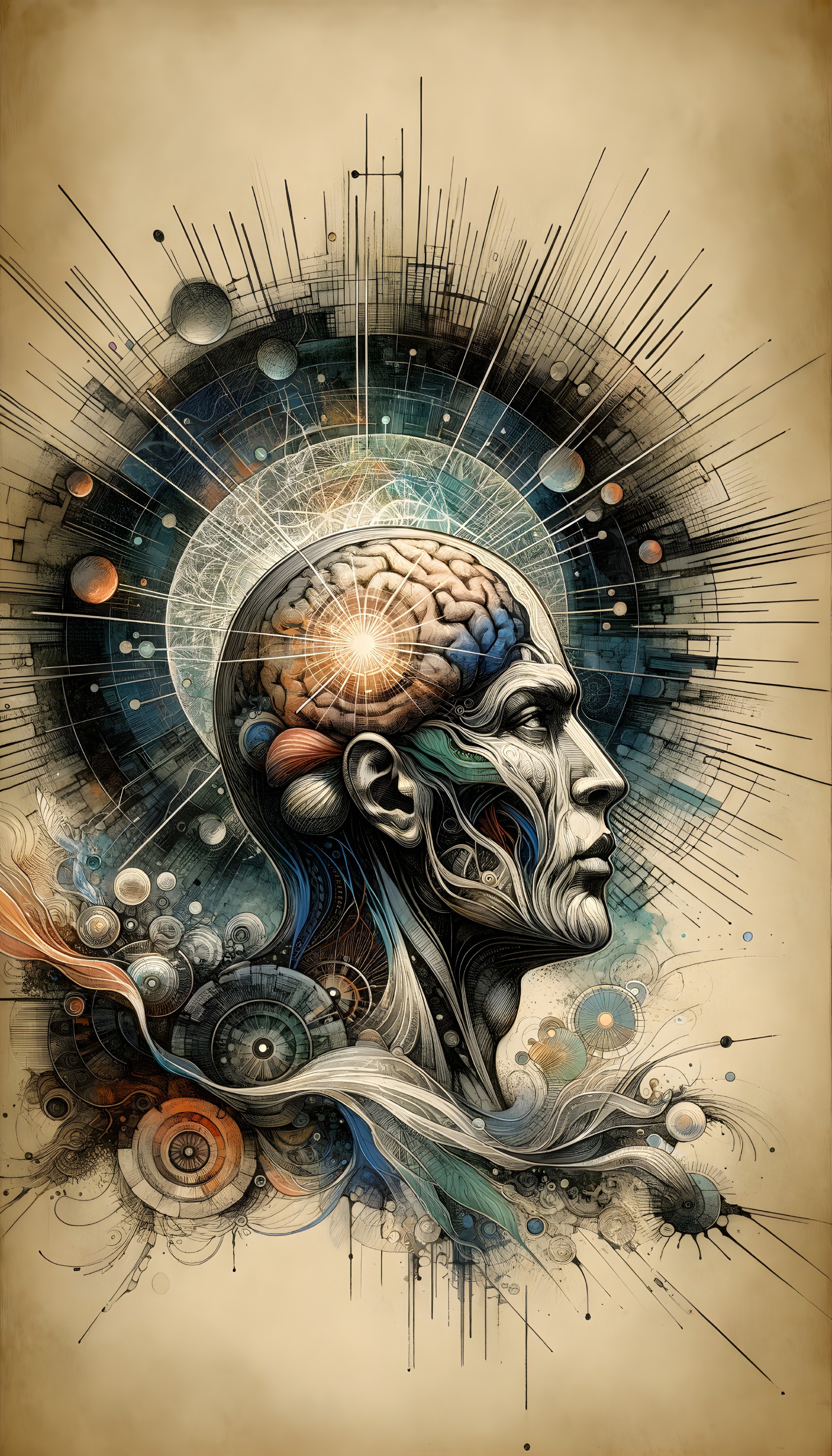 Illustration of Human Head Profile with Biology and Technology Blend