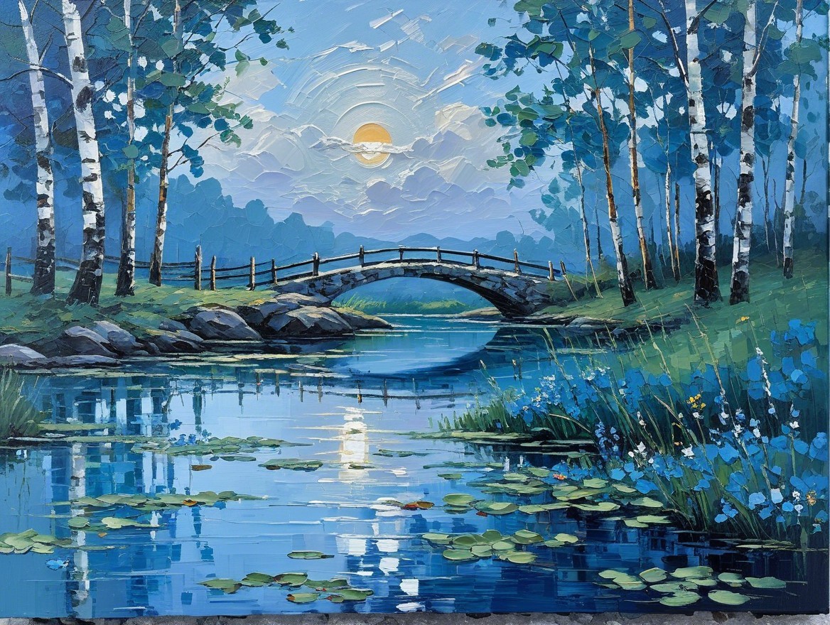 Serene Landscape with River, Bridge, and Birch Trees