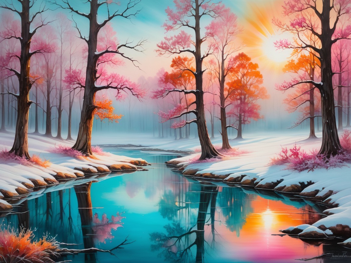 Serene Winter Landscape with Colorful Trees and River