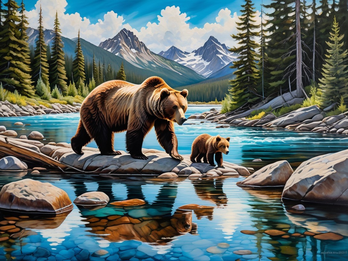 Scenic Landscape with Bears by a Reflective River
