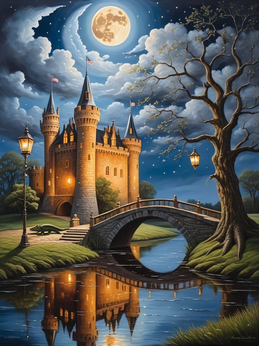 Majestic Castle Under Moonlight with Scenic River