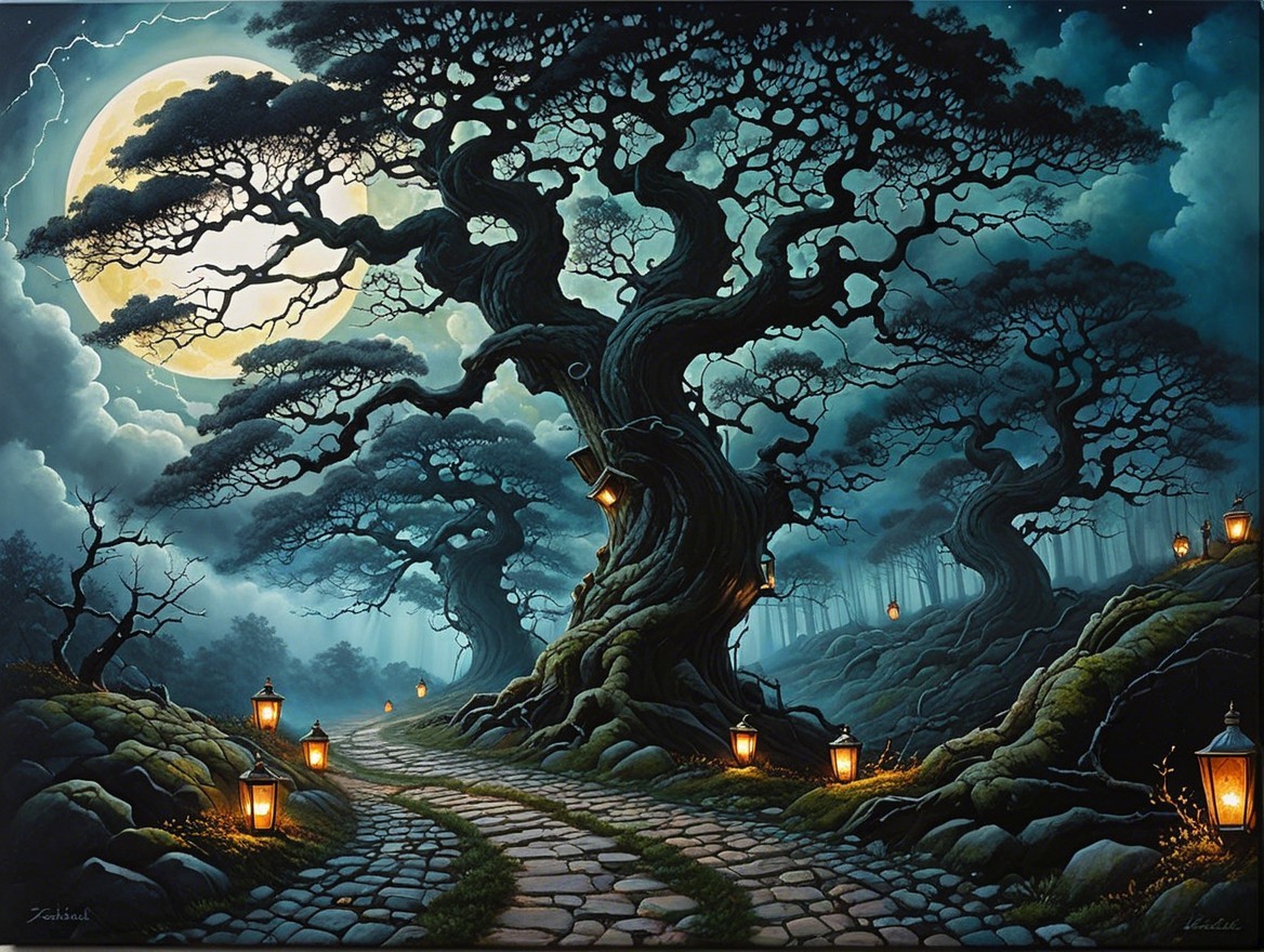 Mystical Pathway in a Shadowy Forest at Night
