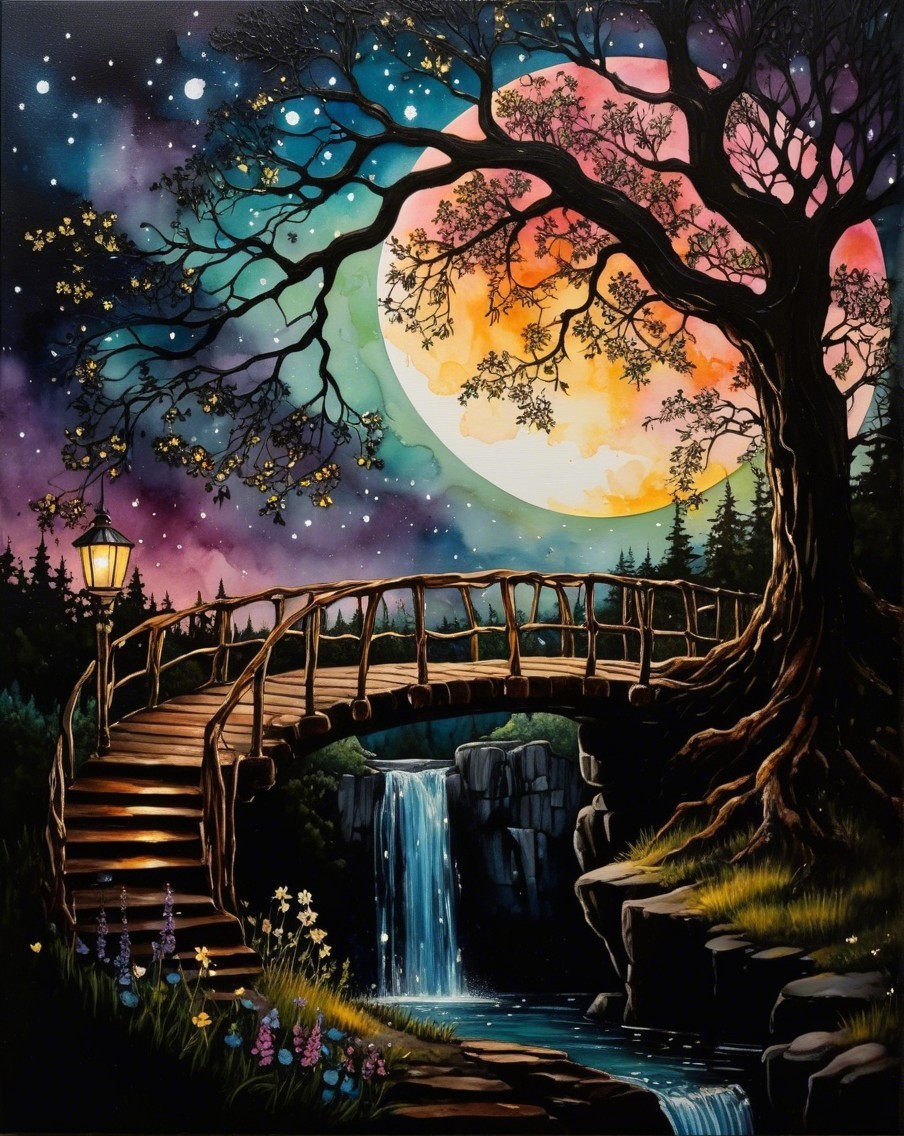Vibrant Night Scene with Bridge and Waterfall