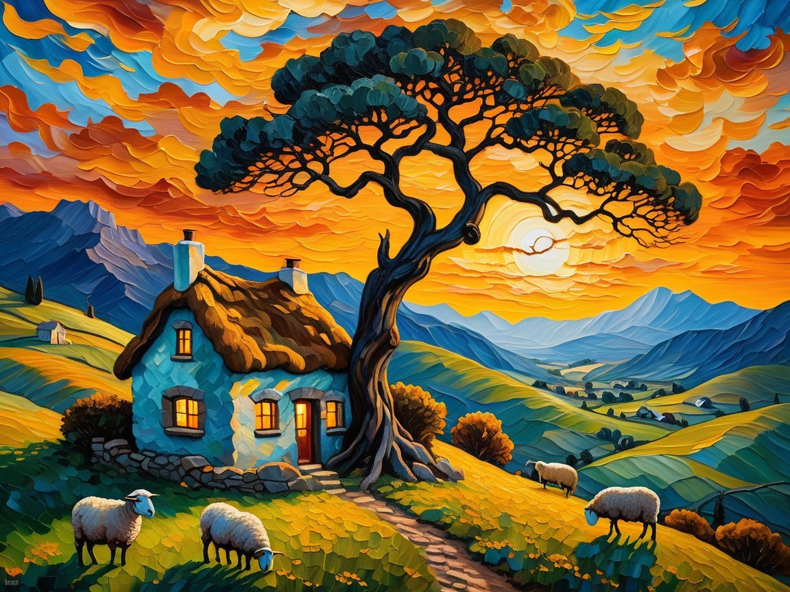 Cozy Cottage with Thatched Roof at Sunset Scene