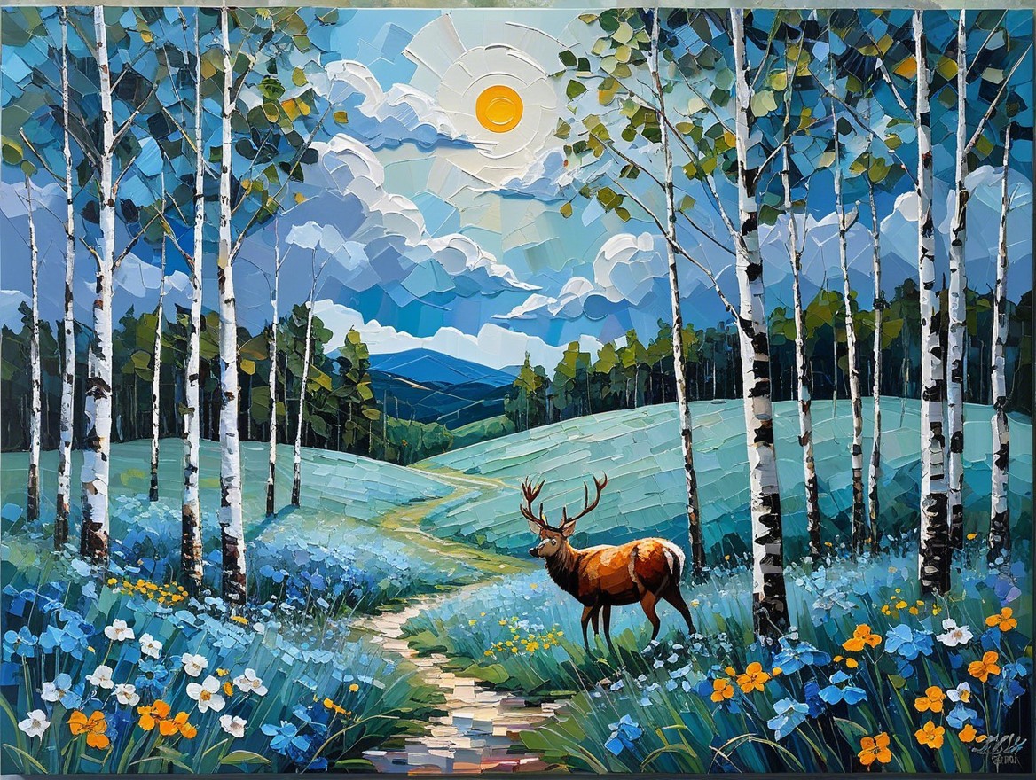 Vibrant Blue Meadow with Wildflowers and Birch Trees