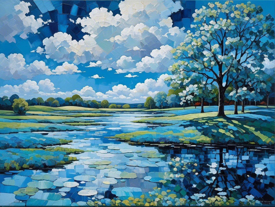 Vibrant Landscape Painting of Tranquil River Scene