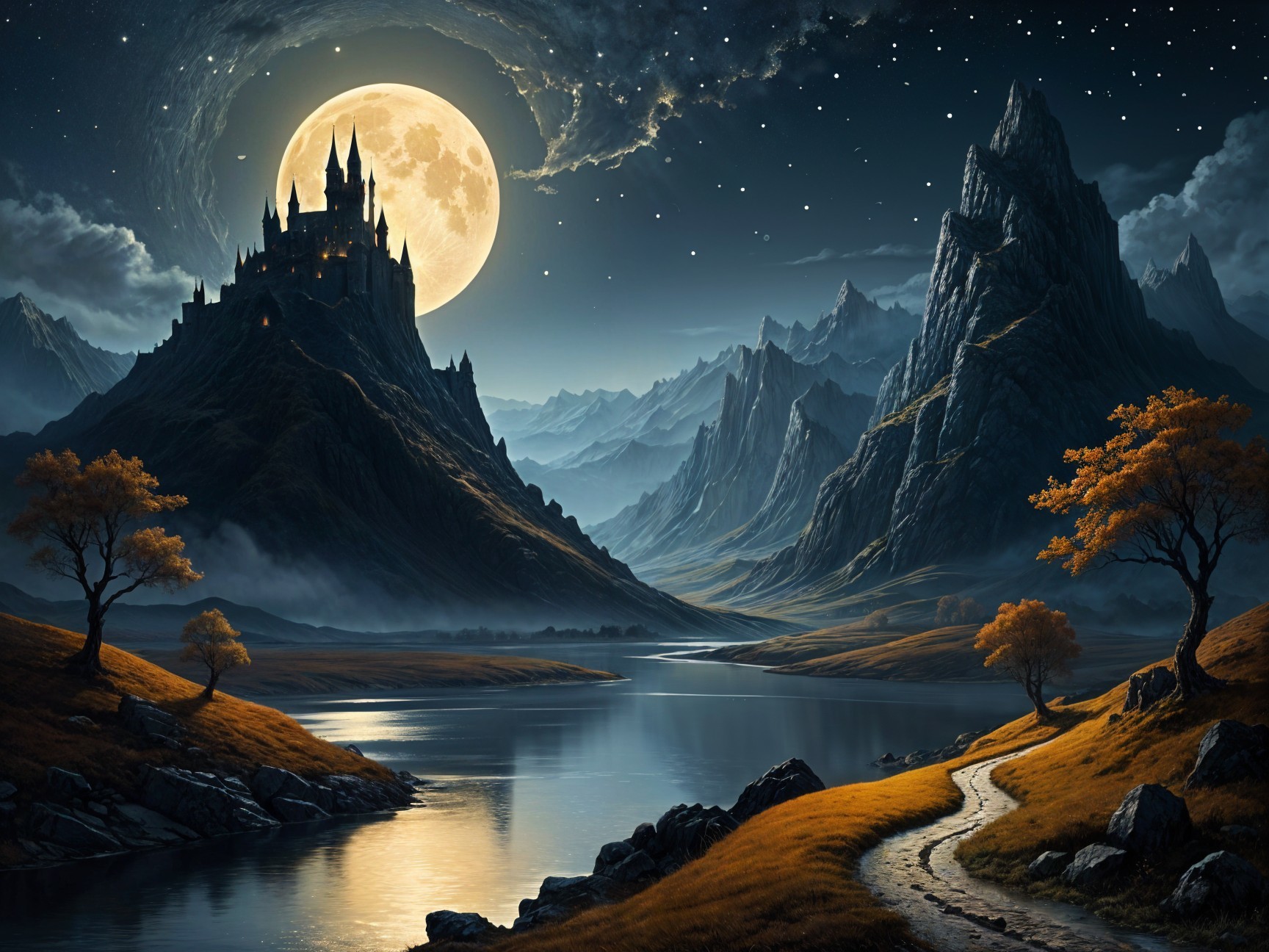 Mystical Landscape with Castle and Moonlit River