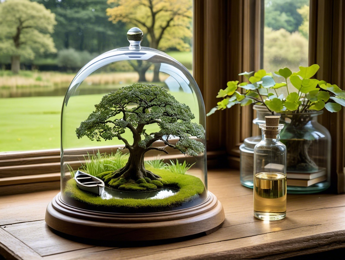Bonsai Tree Display in Glass Dome with Rustic Elements