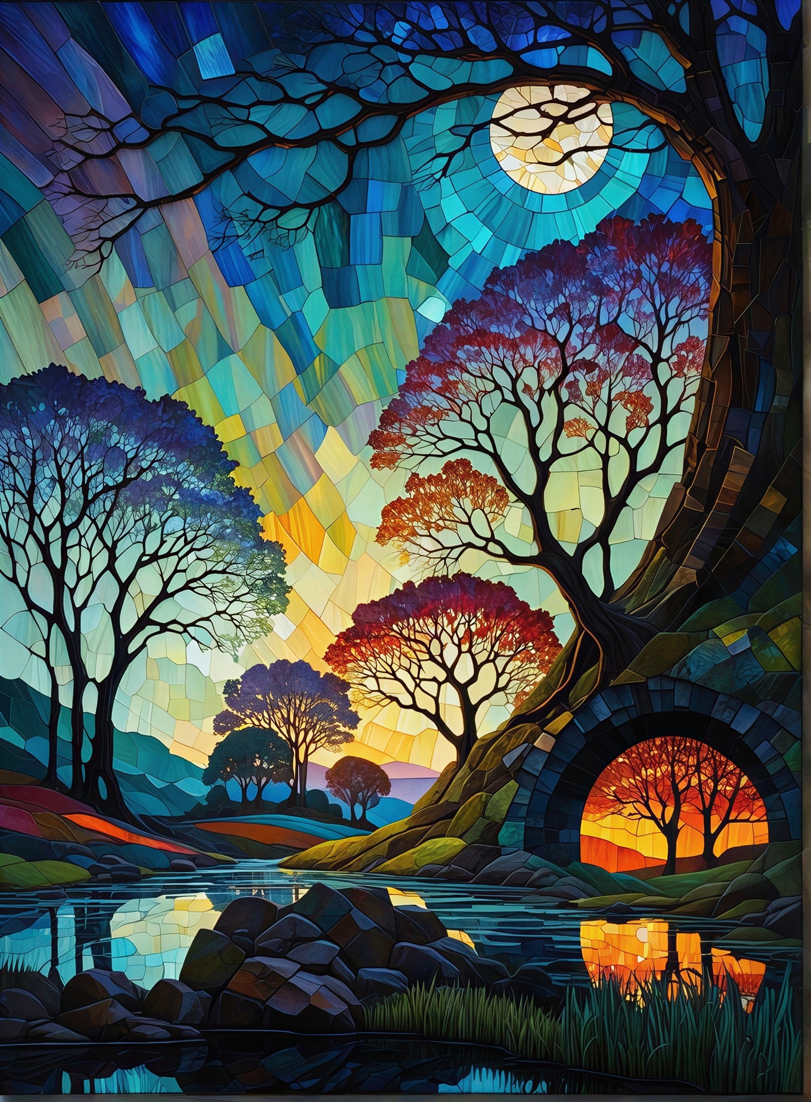 Vibrant Stained Glass Forest River Scene at Dusk