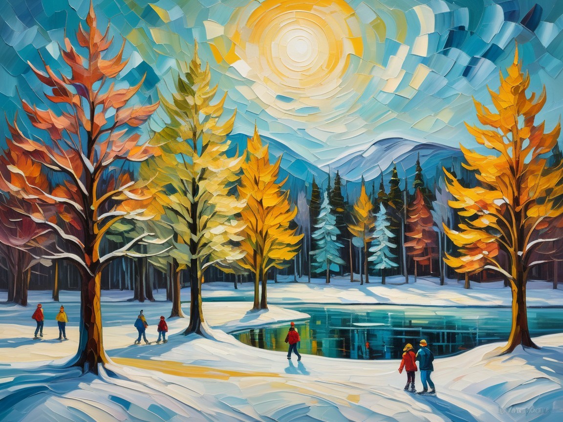 Vibrant Winter Landscape with Frozen Lake and Trees