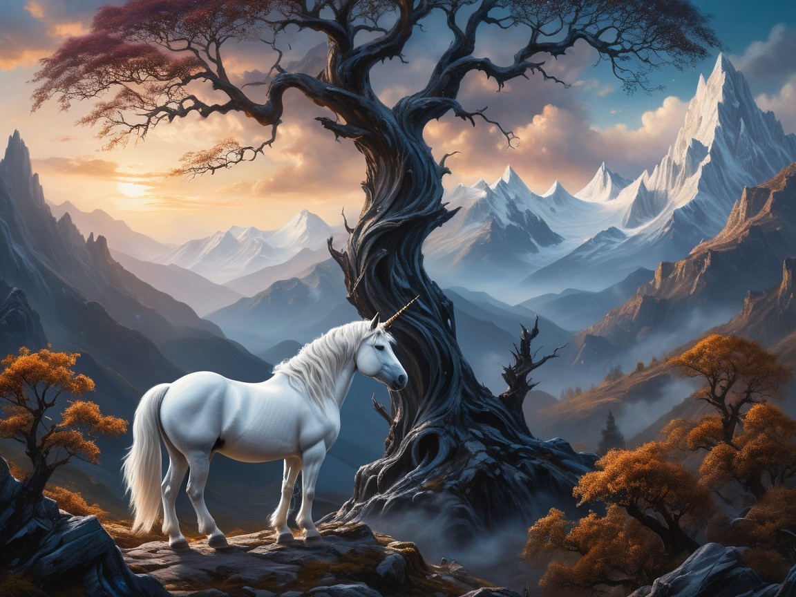 Unicorn on Rocky Outcrop with Scenic Landscape