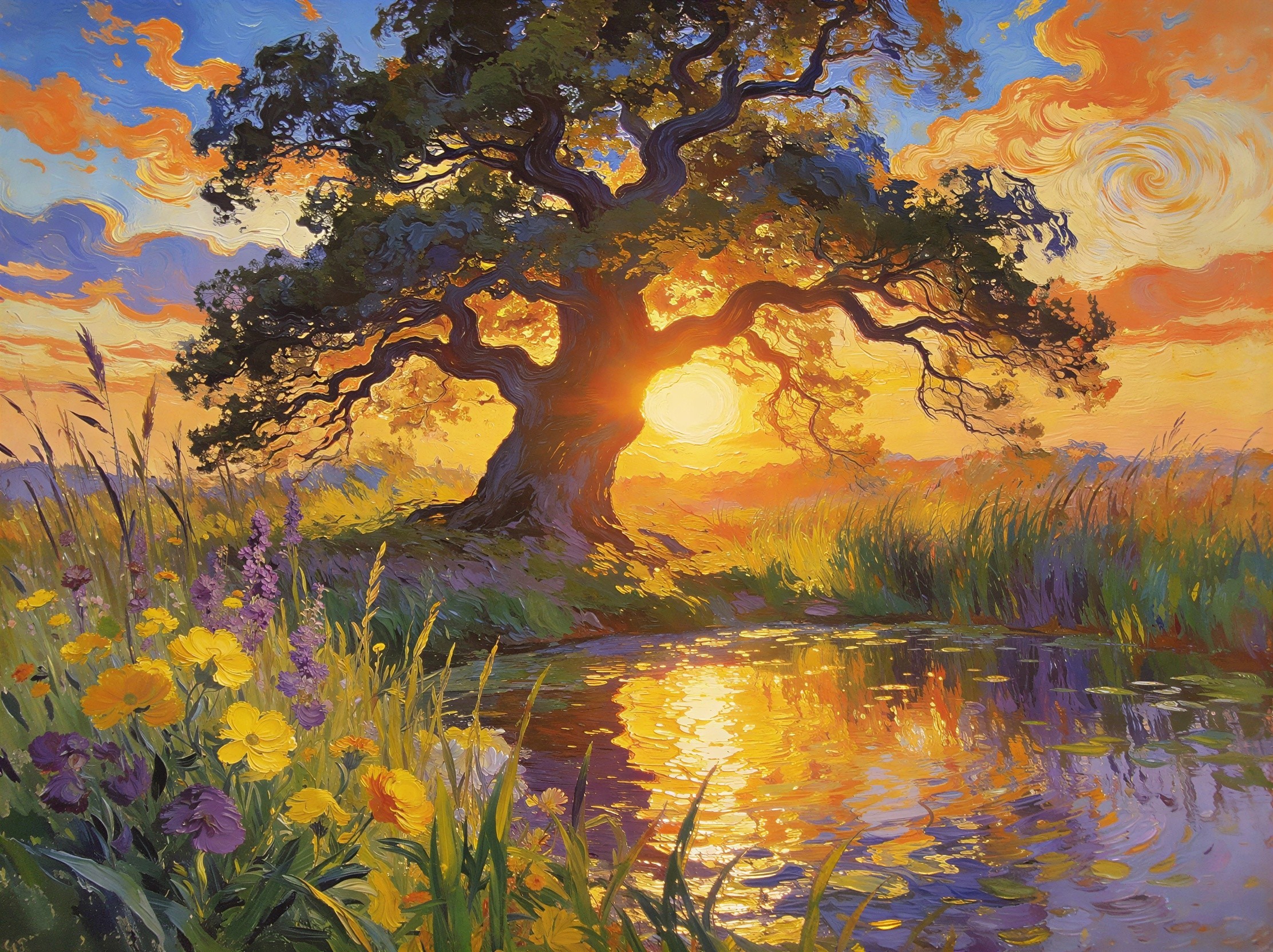 Impressionistic Oil Painting of Sunset Landscape
