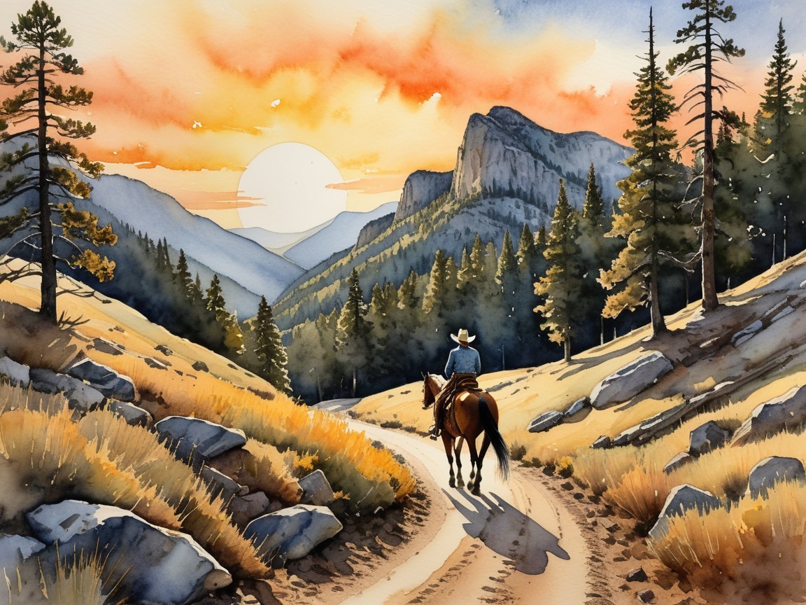 Lone Cowboy Riding at Sunset in Serene Landscape