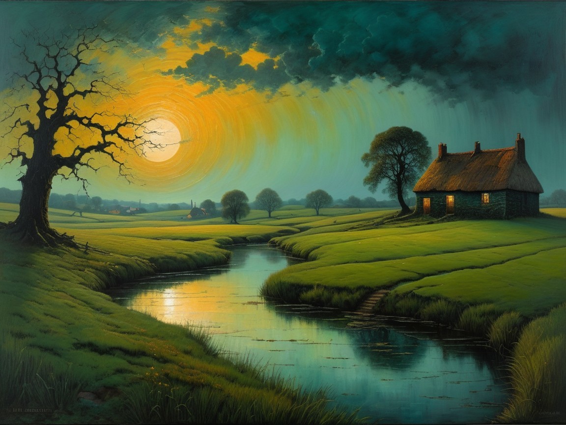 Tranquil River and Cottage in Serene Sunset Landscape