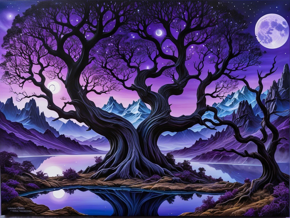 Twisted Tree Under Twilight Sky with Two Moons