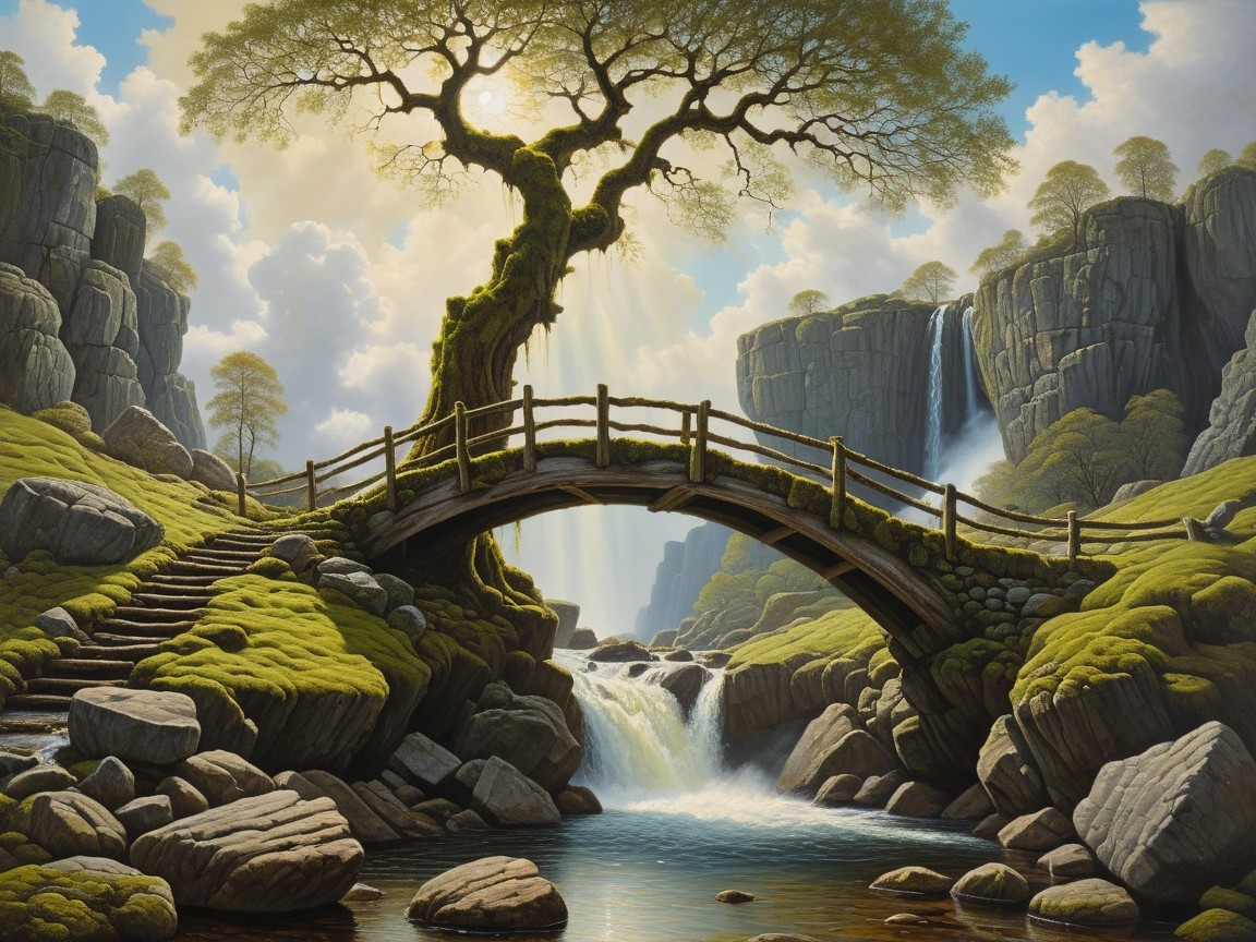 Serene Landscape with Tree, Bridge, and Waterfalls