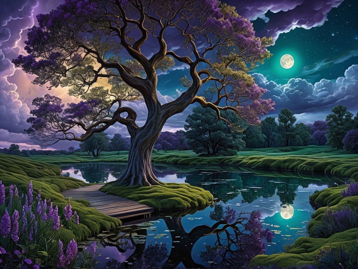 Majestic tree by tranquil pond under vibrant sky
