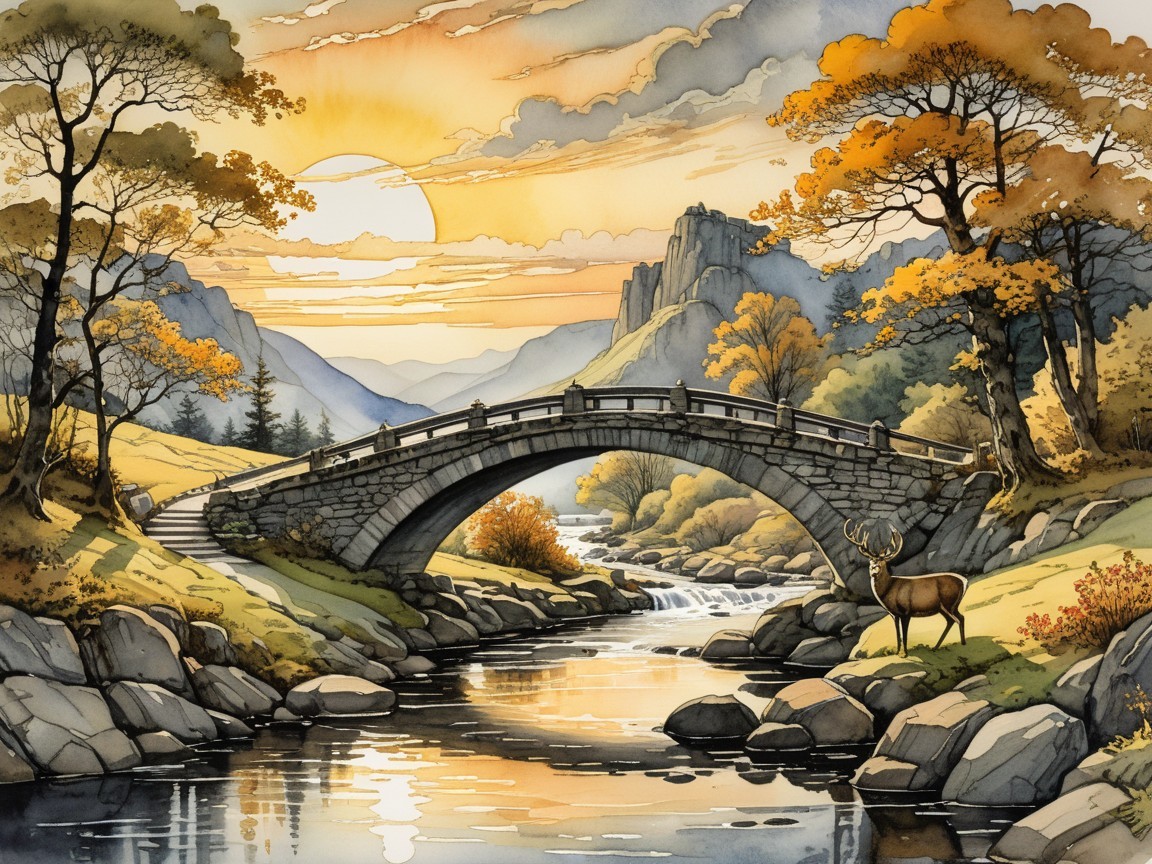Serene Landscape with Stone Bridge and Autumn Foliage