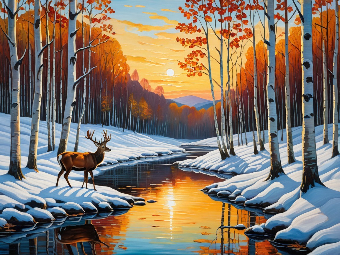 Serene Autumn Landscape with River and Deer