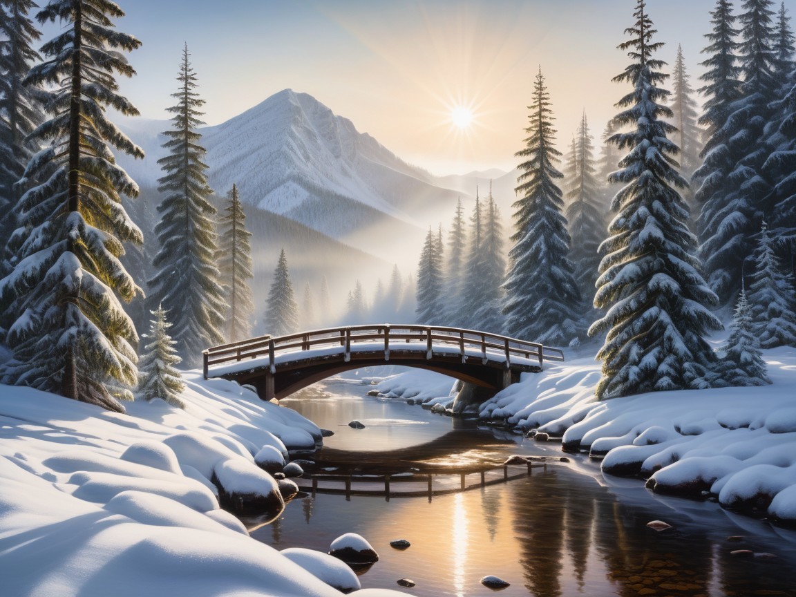 Tranquil Winter Landscape with Snowy Bridge and Stream