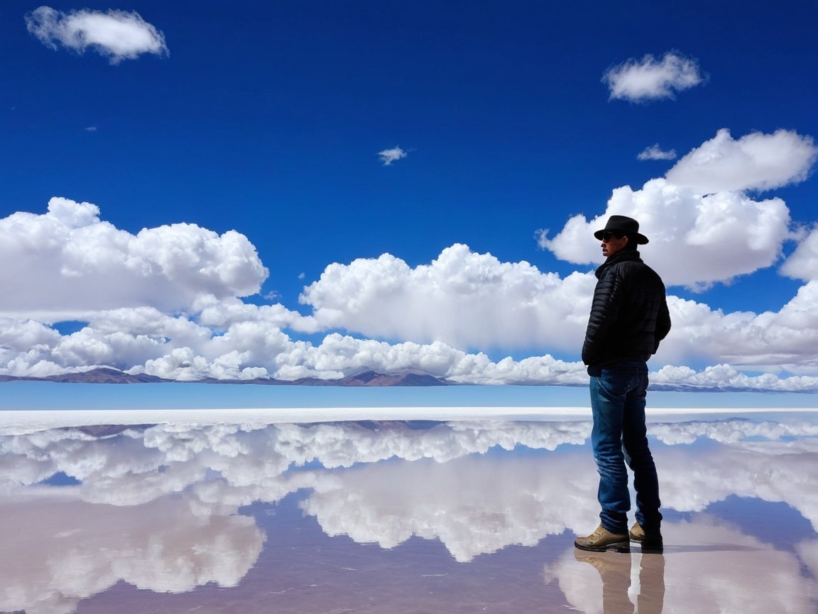 Silhouette on Salt Flat Under Blue Sky and Clouds
