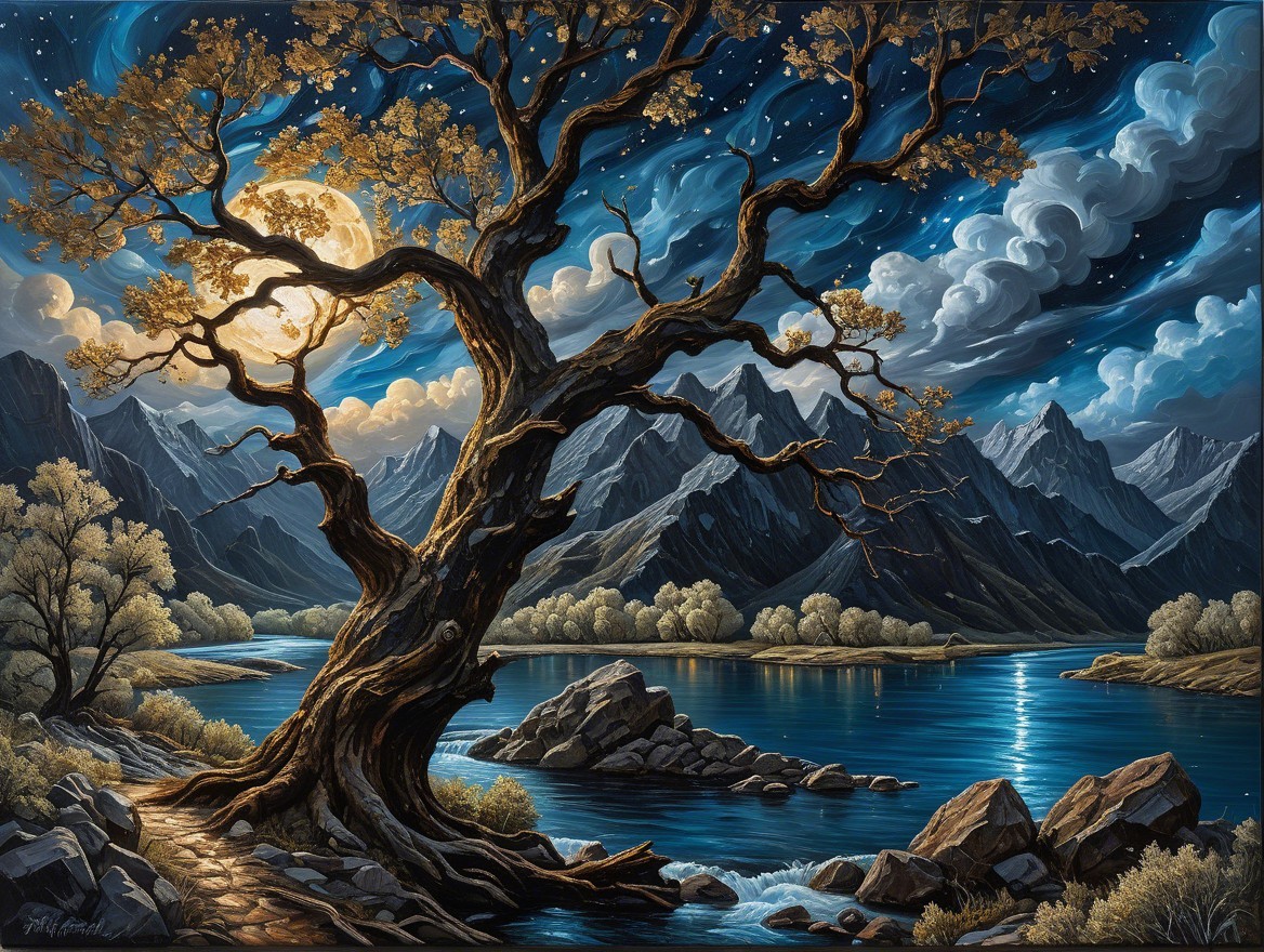 Serene Night Landscape with Tree and Moon Reflections