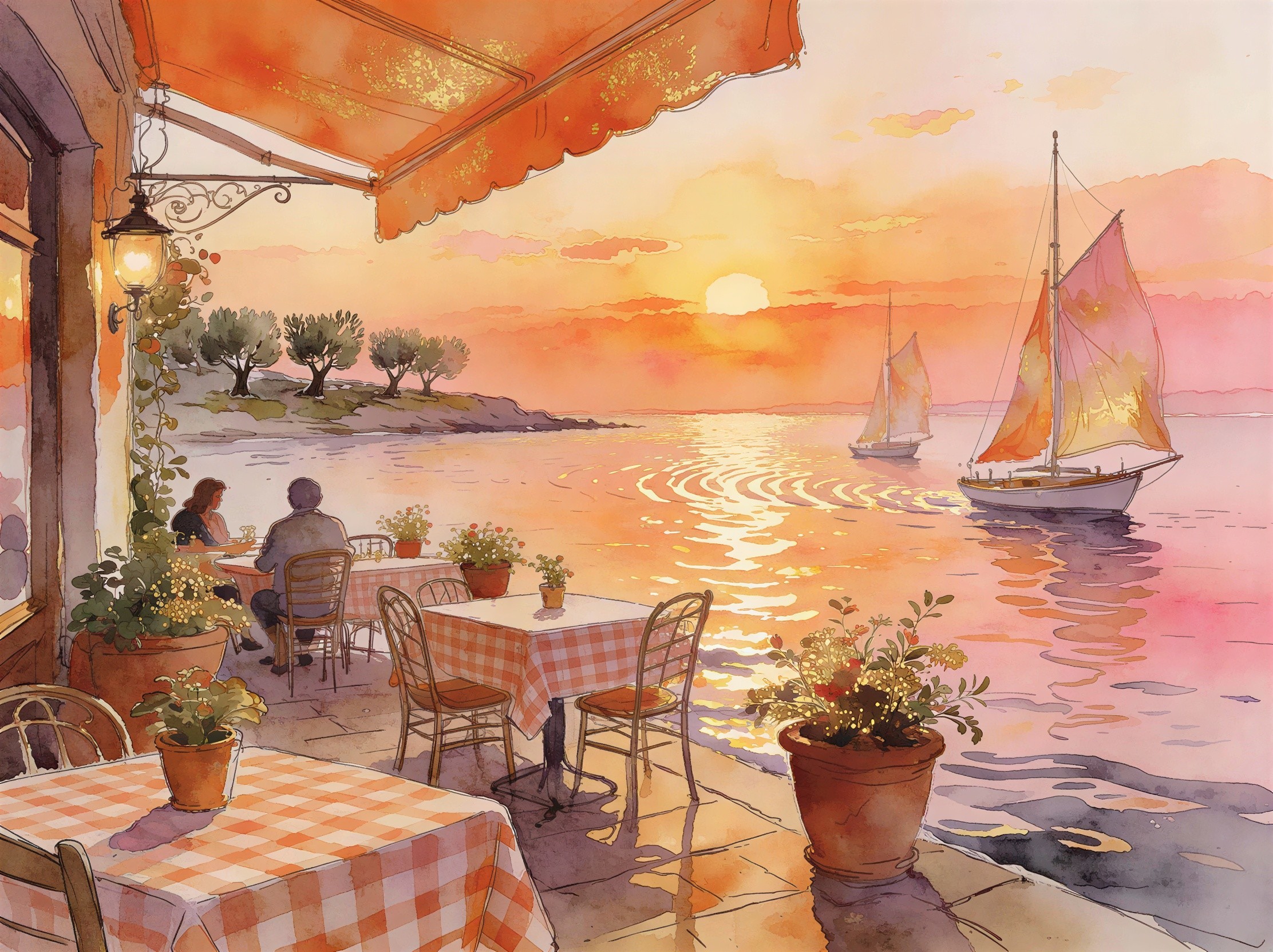 Watercolor Painting of Sunset at Outdoor Cafe