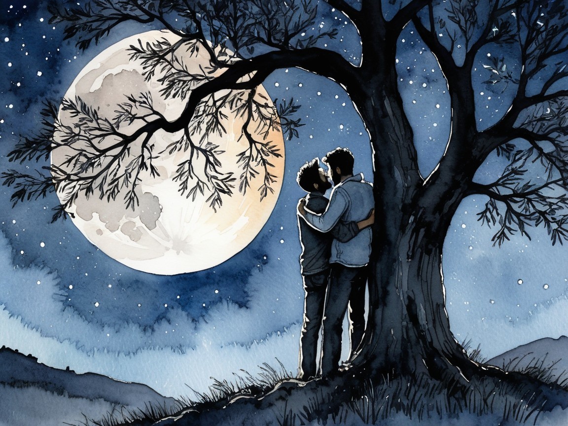 Couple Embraced Under Moonlit Tree at Night