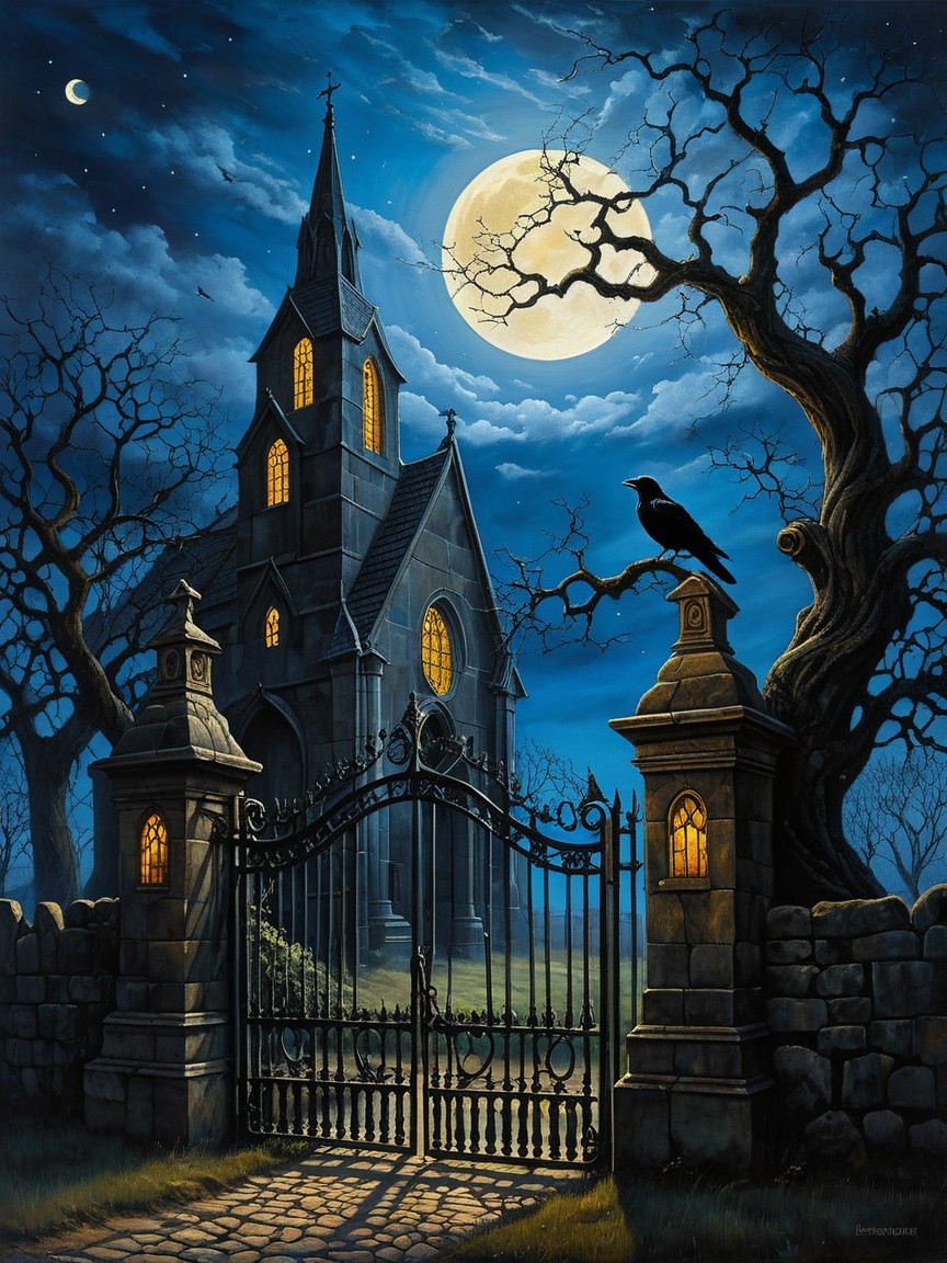 Gothic church under moonlight with eerie atmosphere