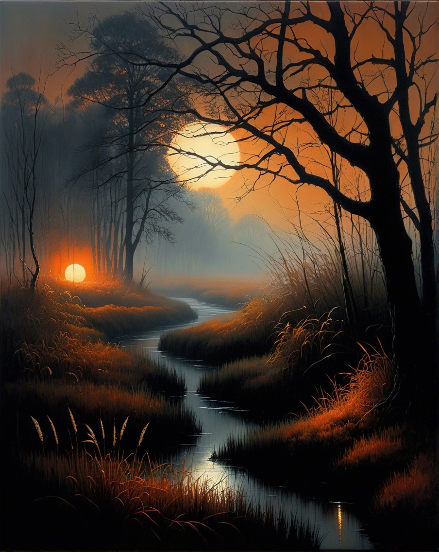 Twilight Landscape with Stream and Silhouetted Trees