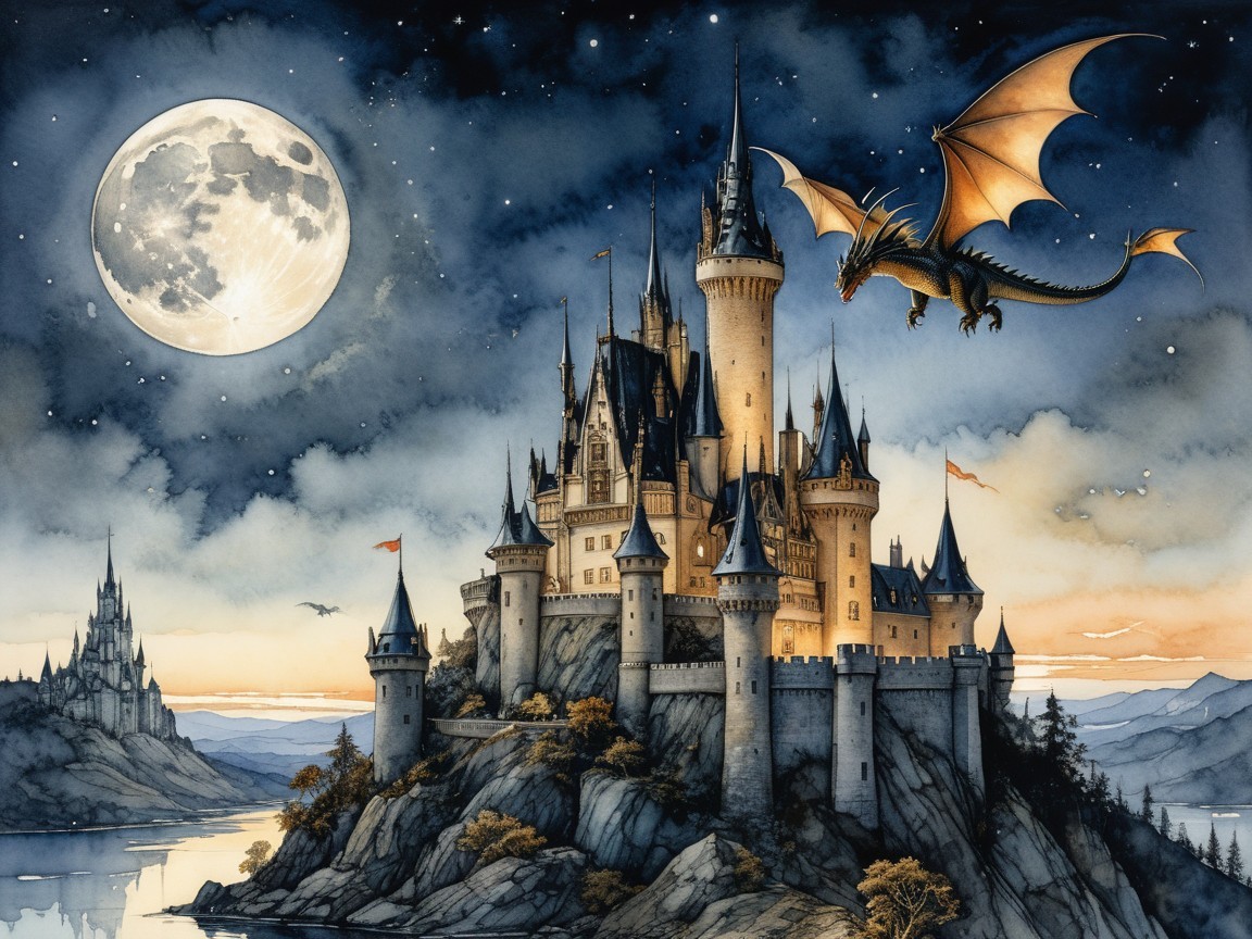 Majestic Castle on Cliff with Dragon and Moonlit Lake