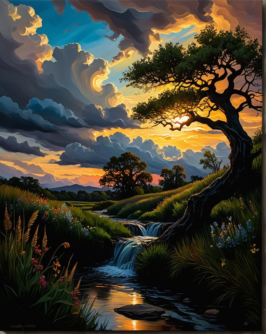 Vibrant Landscape with Stream and Dramatic Sky