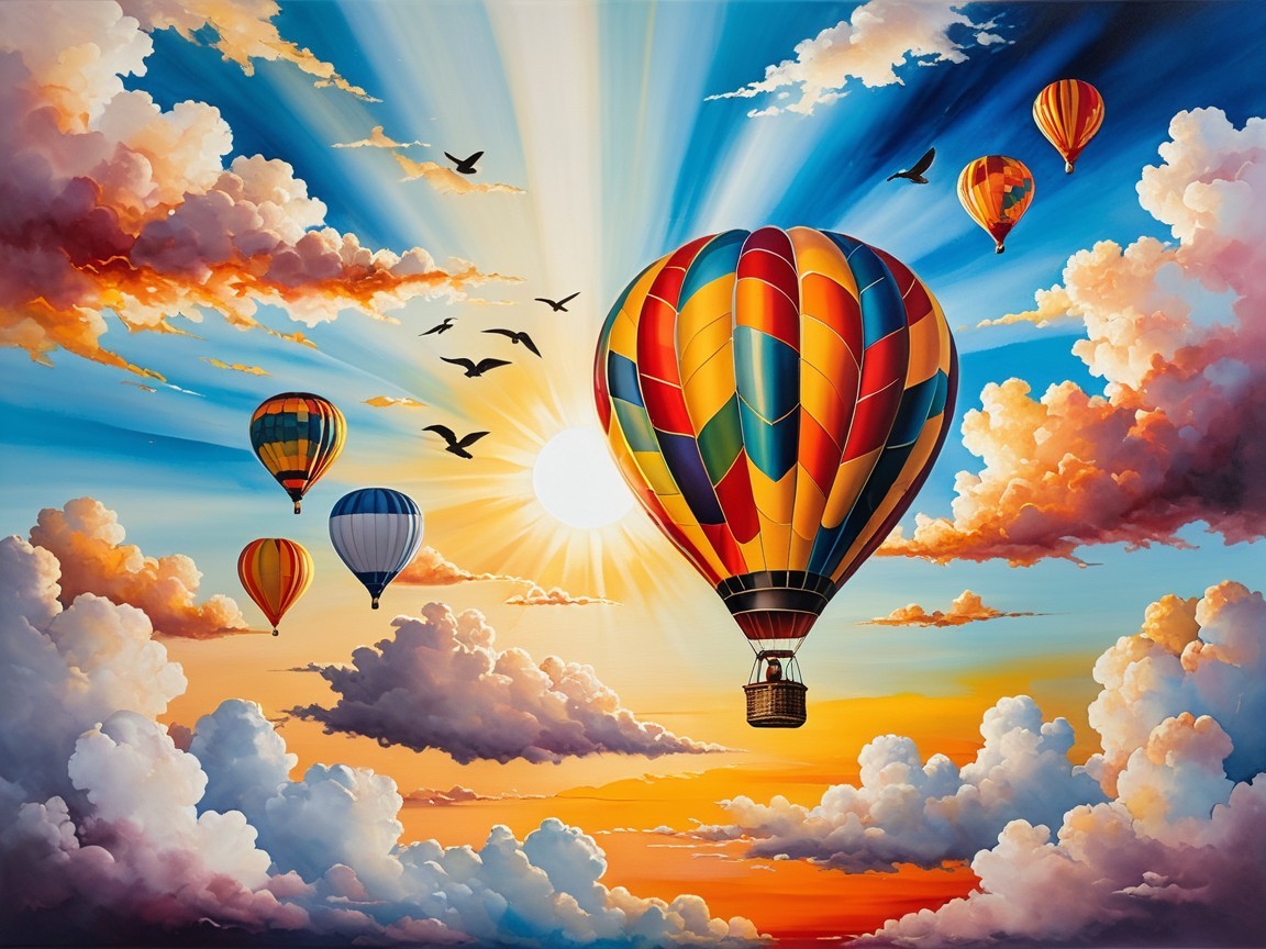 Colorful Hot Air Balloons in a Vibrant Sky Scene