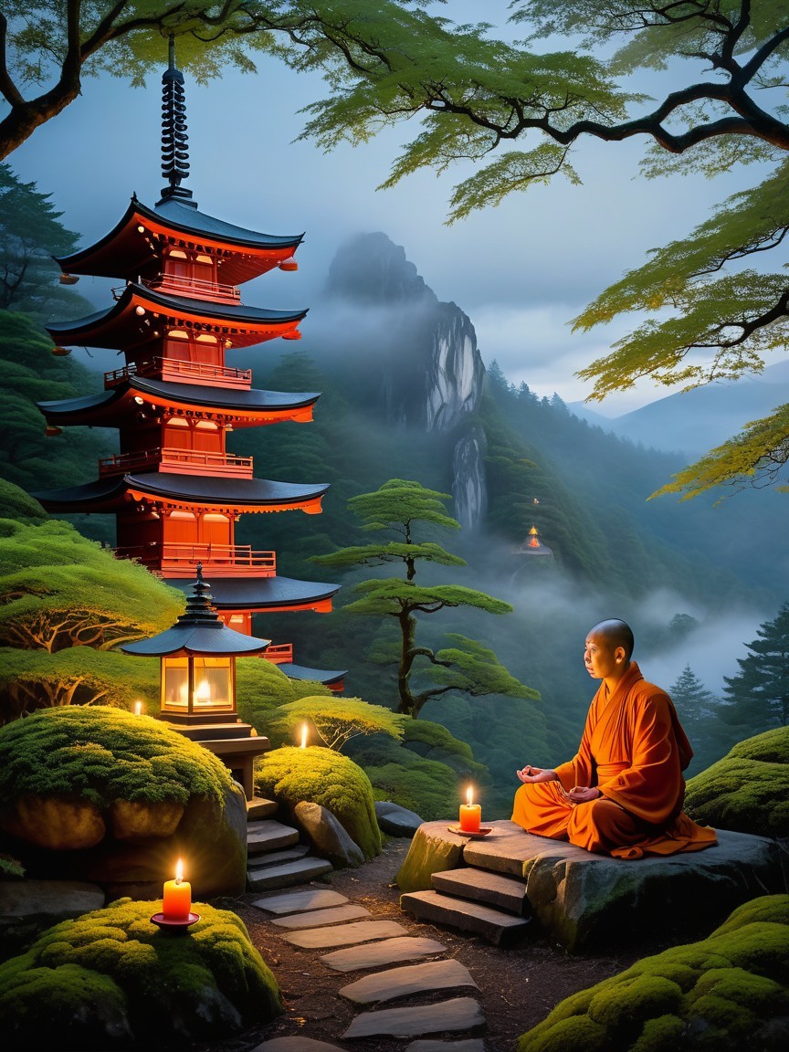 Misty Landscape with Monk and Red Pagoda