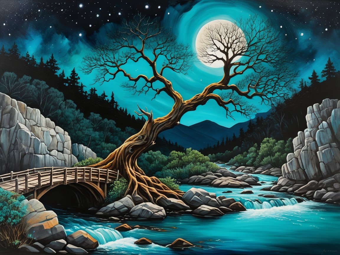Mystical Moonlit Night with Ancient Tree and River