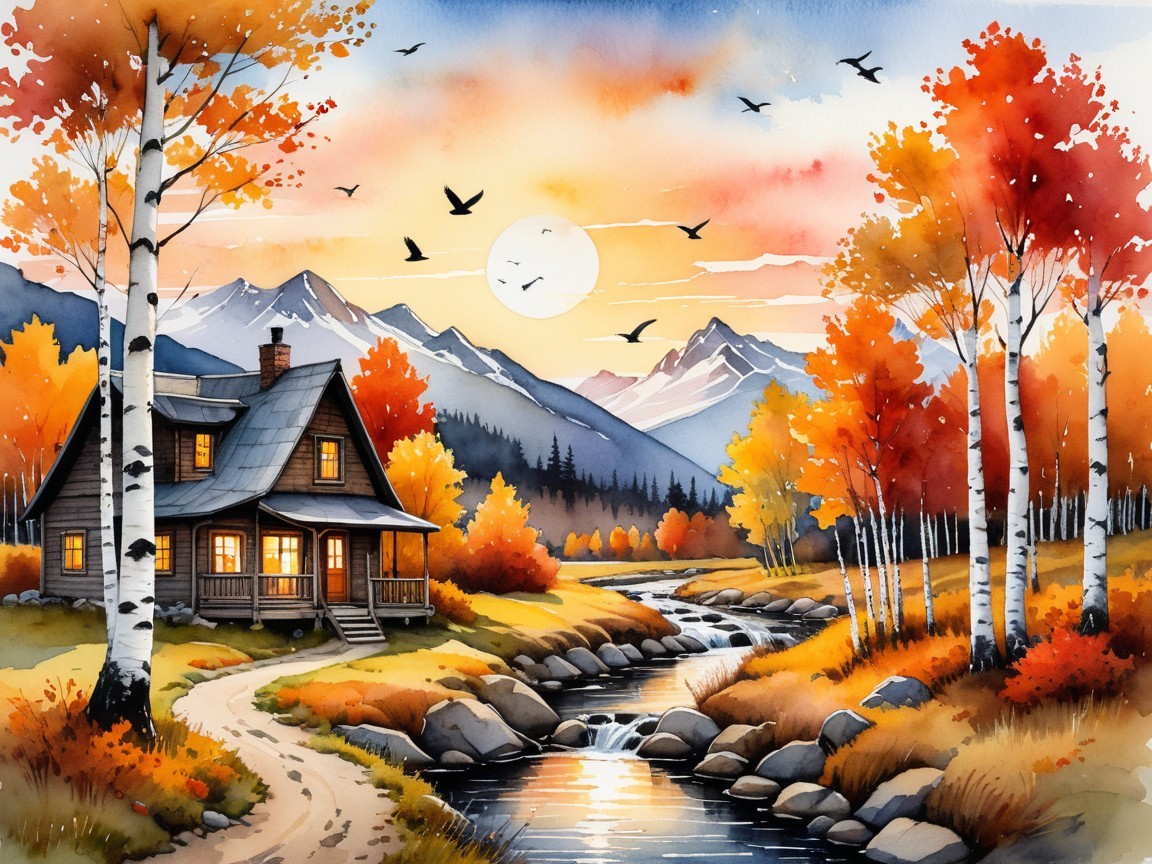 Autumn Landscape with Cabin and Flowing Stream