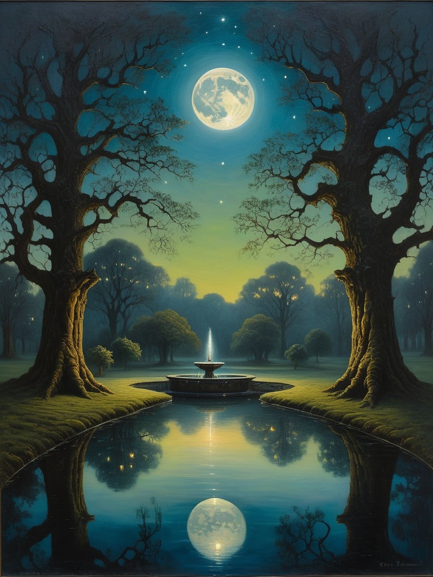Tranquil Night Landscape with Moonlit Pond and Fountain