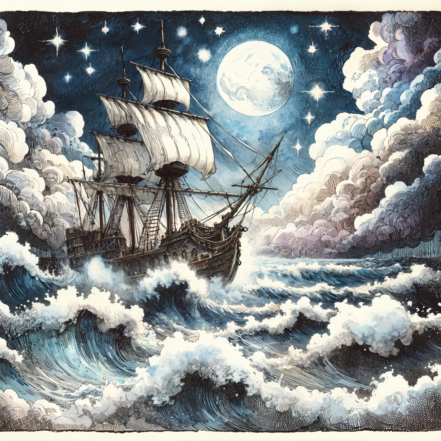 Majestic ship sailing under a full moon at night