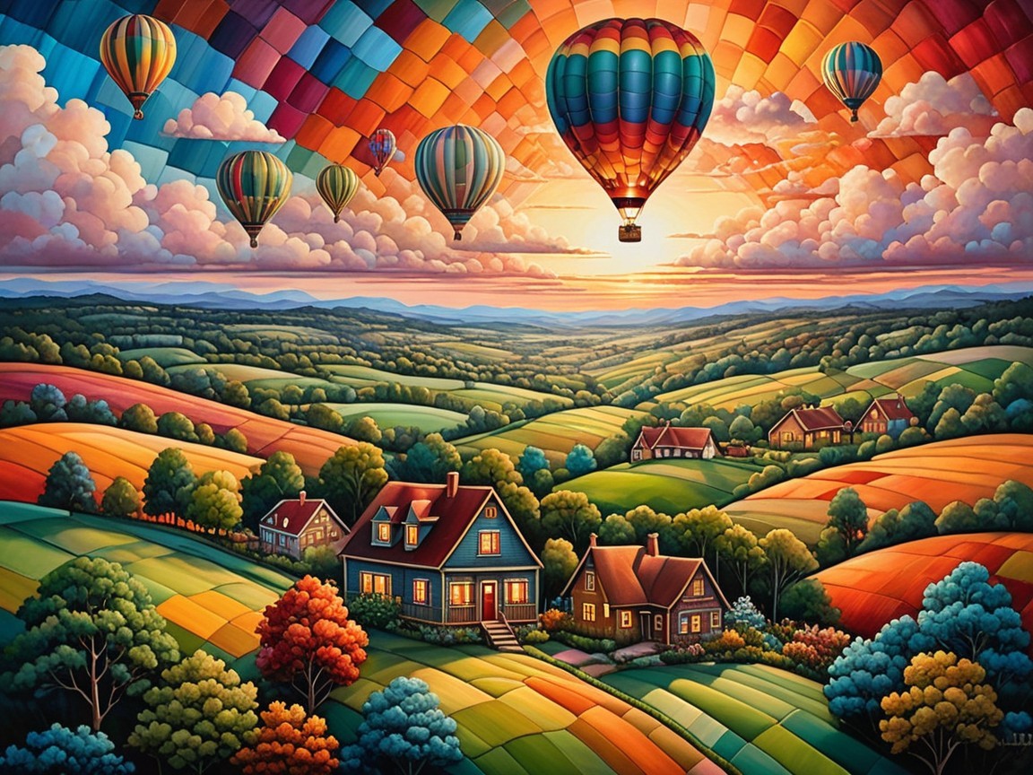 Vibrant Sunset Over Rolling Hills and Hot Air Balloons
