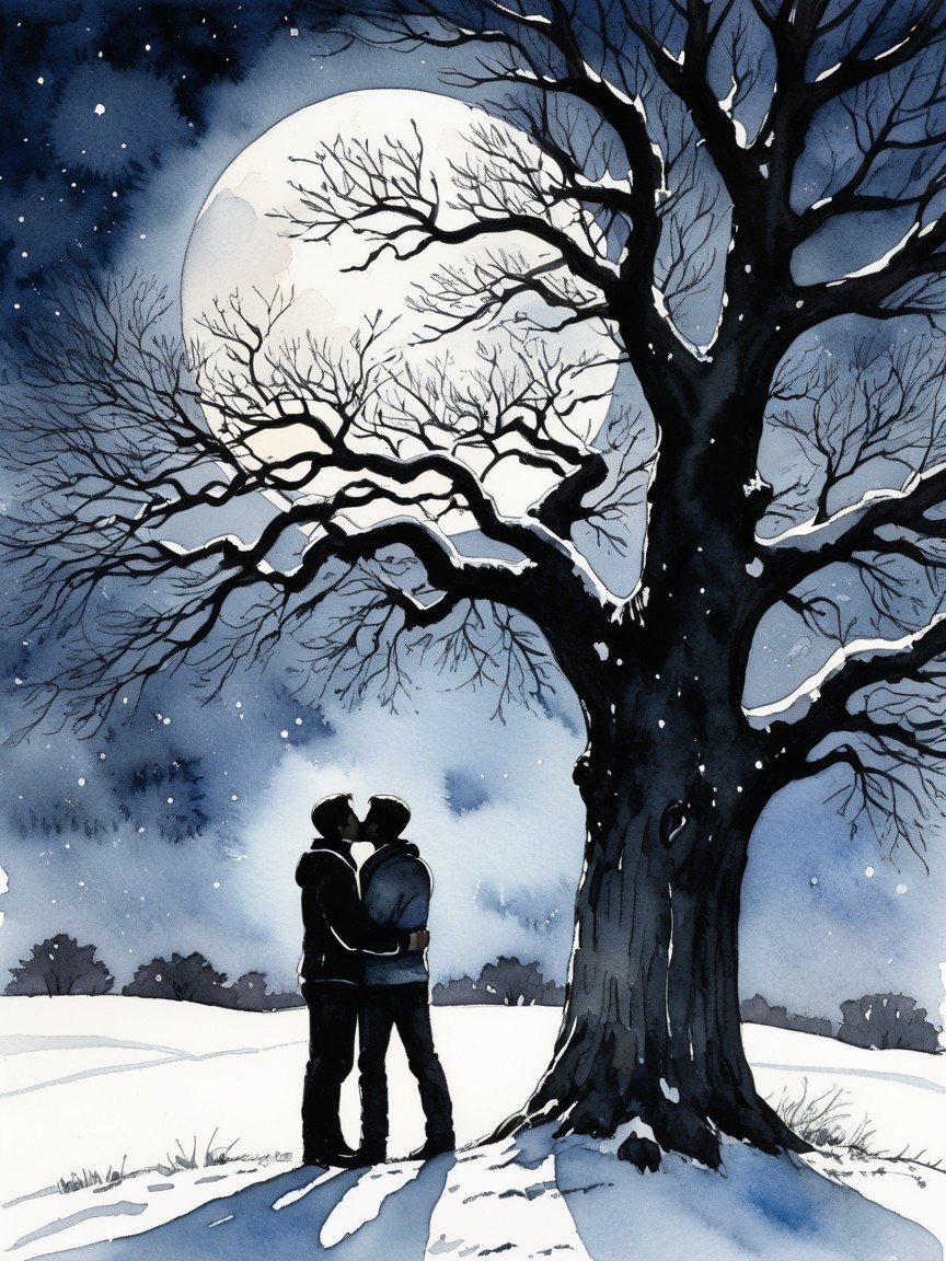 Winter Night Embrace Under a Full Moon Scene