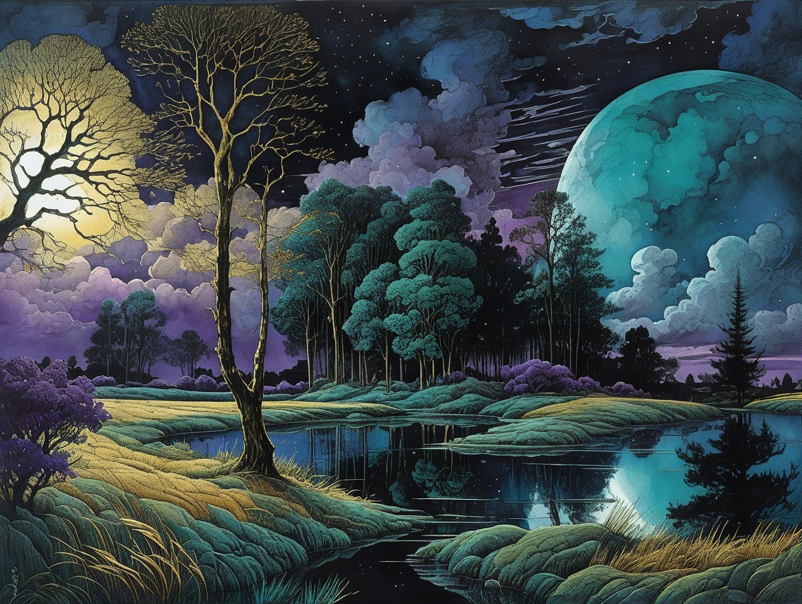 Serene Night Landscape with Glowing Blue Planet
