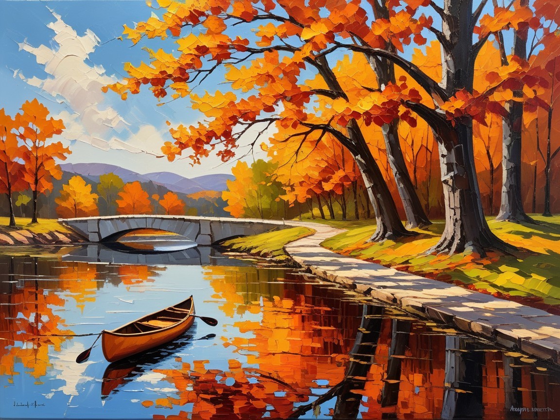 Serene Autumn Scene with River and Canoe Reflection