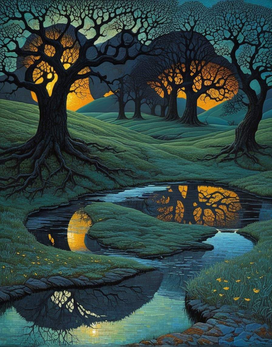 Twilight Landscape with River and Silhouetted Trees