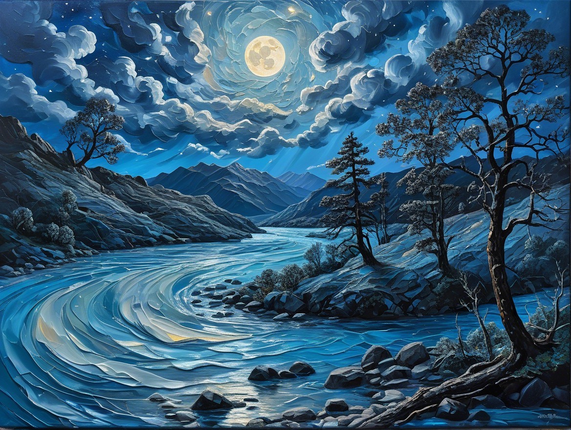 Serene Landscape with River and Full Moon at Night