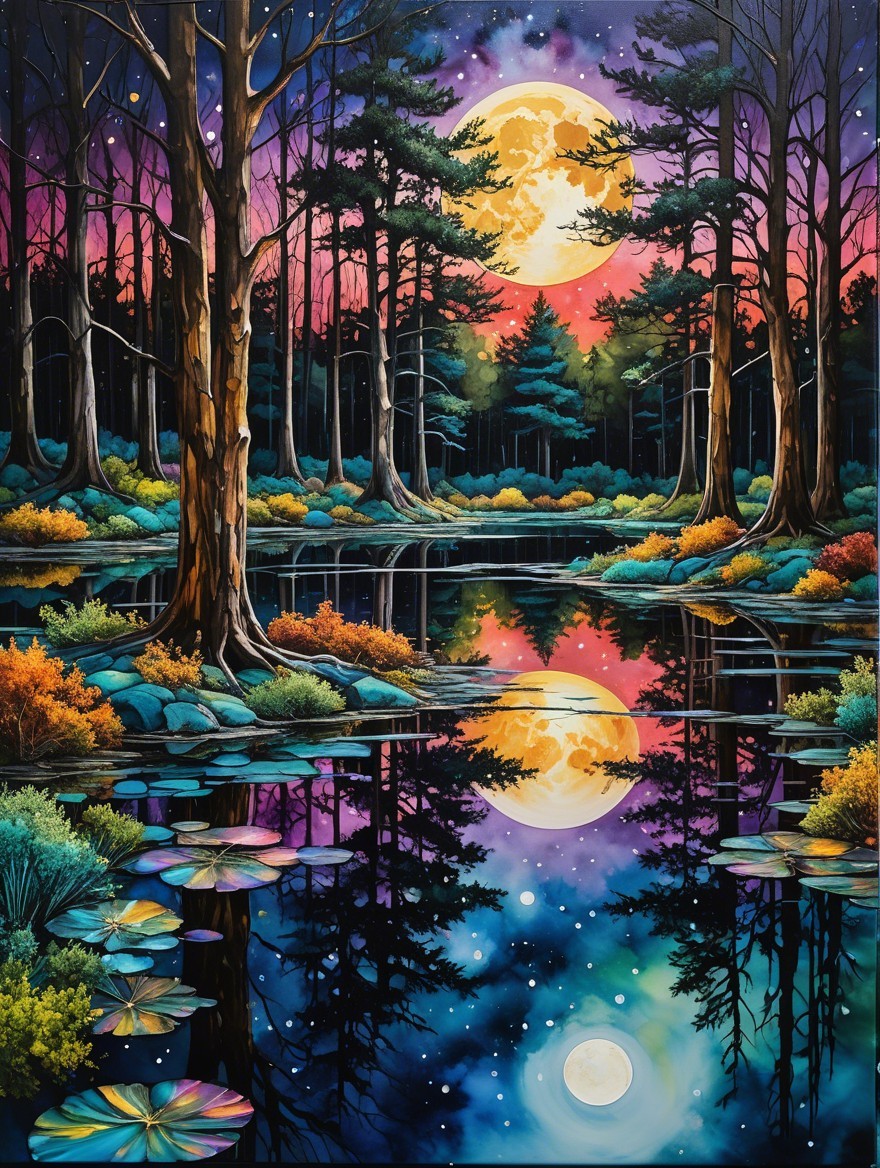 Twilight Landscape with Trees and Reflective Water