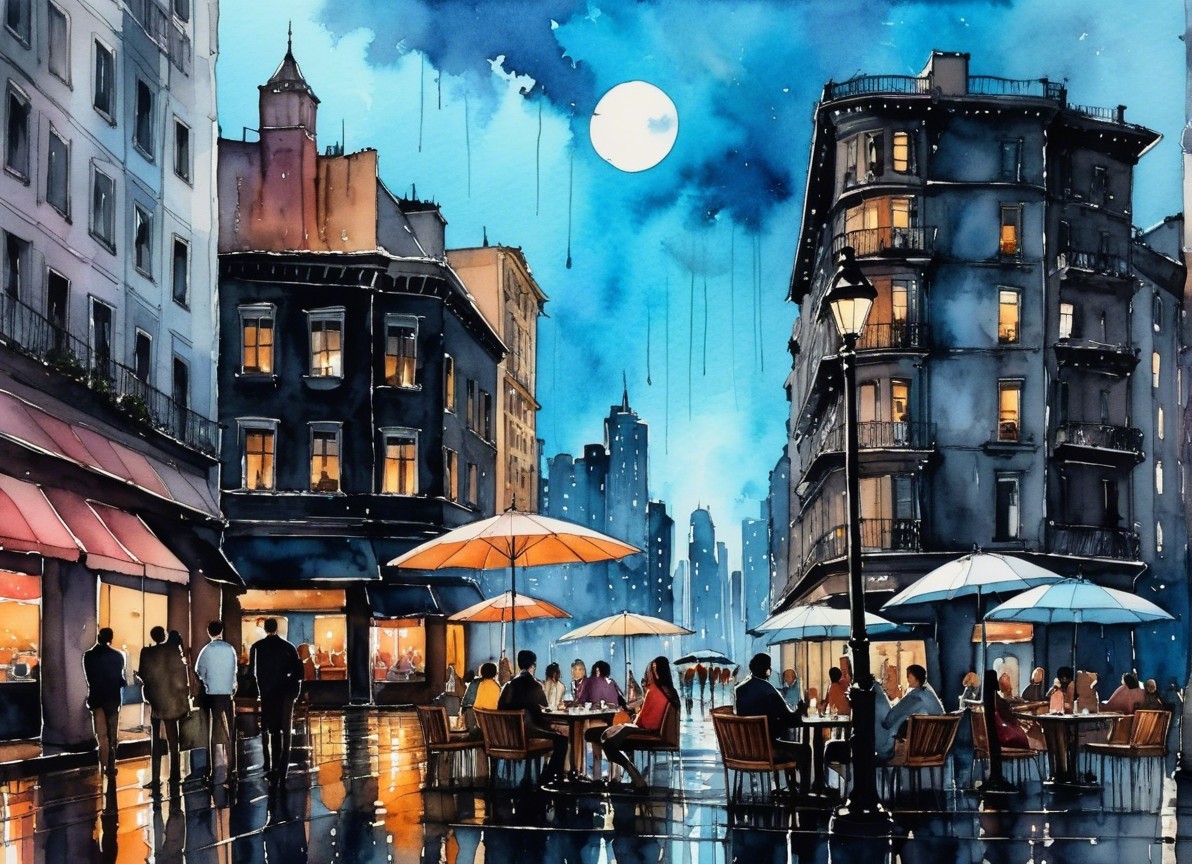 Urban Night Scene with Rain and Soft Moonlight