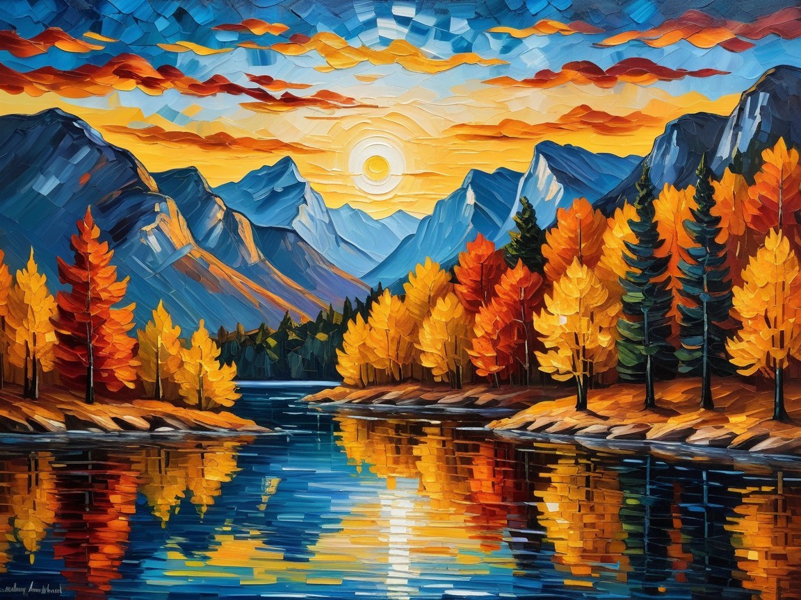 Vibrant Autumn Landscape with Serene Lake and Mountains