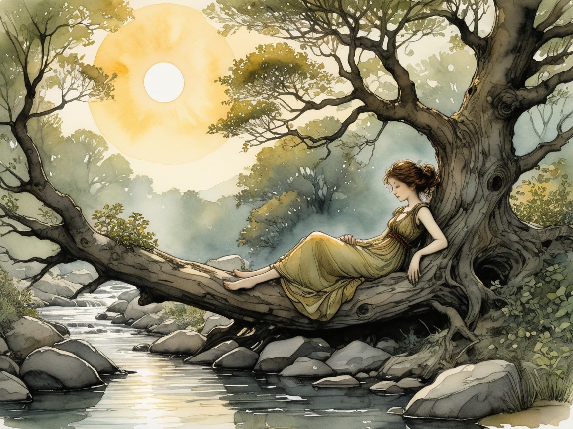 Young Woman Relaxing on Tree Branch by Stream