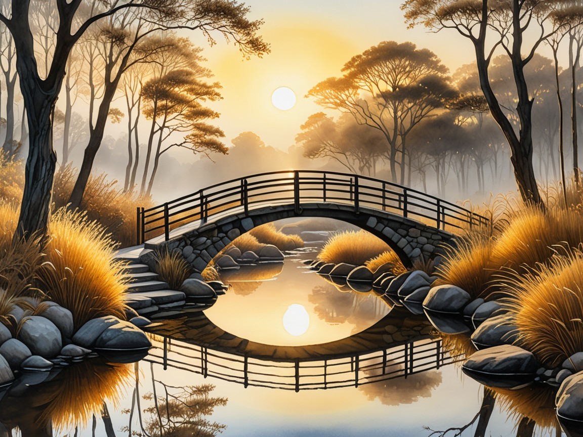 Serene River Landscape with Sunrise and Wooden Bridge
